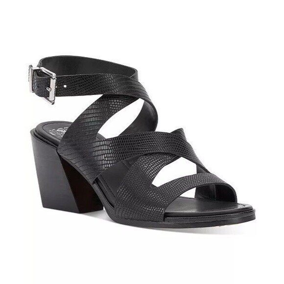 VINCE CAMUTO Black Deverey Stacked Heel Leather Sandals Size 7M /37.5 New - Picture 1 of 11
